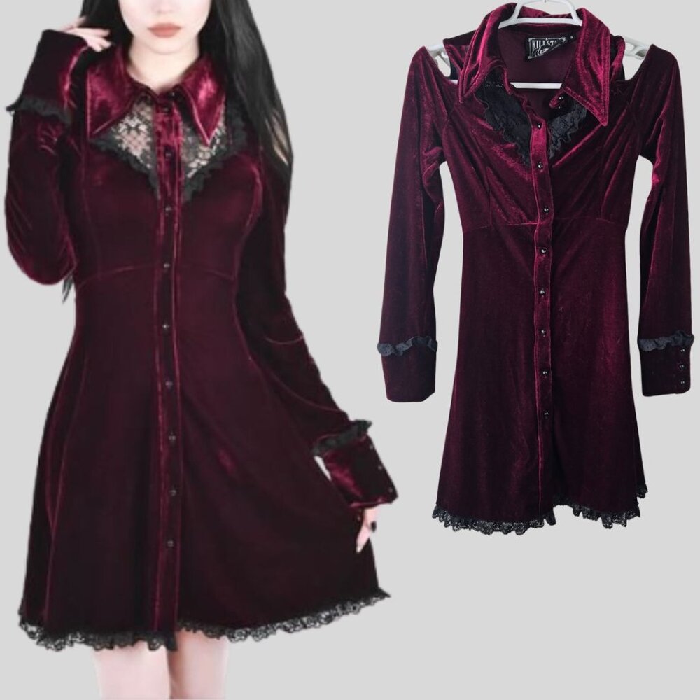 Killstar Burgundy Velvet Lace-Trim Mini Dress
